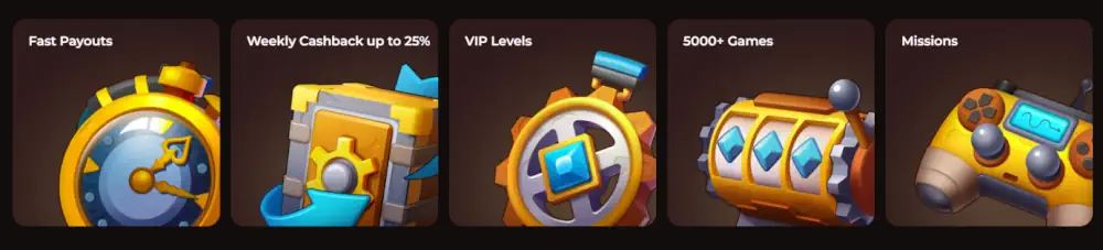 Hlavní rysy platformy Vinci Spin zahrnují rychlé výplaty, týdenní cashback a VIP úrovně